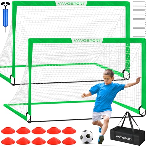 VAVOSPORT Soccer Goal, 2 of 6'x4' Kids Soccer Goals for Backyard Set, Portable Pop Up Soccer Net, Practice Soccer Training Equipment with Ball, Cones for Toddler,Youth Sports Outdoor Games Yard Play - color: Green