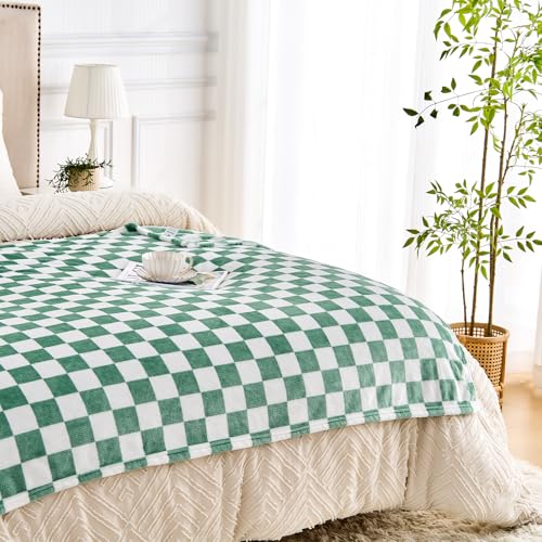 Edenleaf Green Checkered Blanket, Ultra Soft Cozy Flannel - Checkered Grid Print Throws for Bed Sofa Couch, Luxury Throw Blanket for All Seasons, 50x60 Inch, Jade Green - color: 01 Jade Green, size: Throw-50"x60"