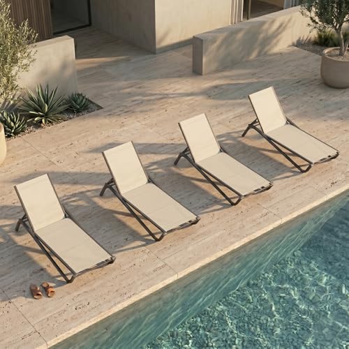 Patio Chaise Lounge Chairs Set of 4, All-Weather Aluminum Pool Loungers for Outside, 5-Position Adjustable Sunbathing Chairs for Tanning, Stackable for Backyard, Poolside, Beige - color: Beige, size: Set of 4