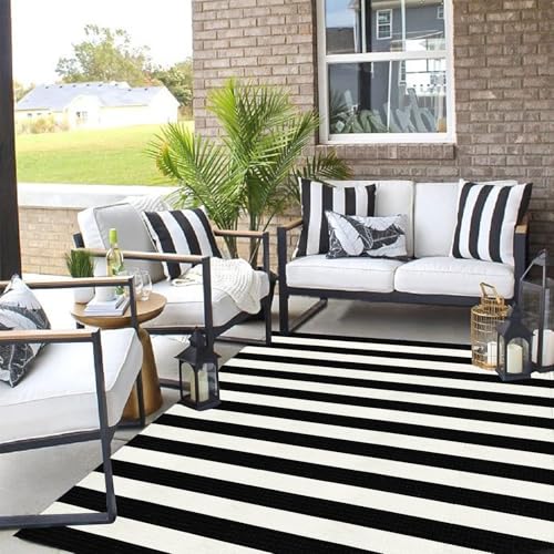 LEEVAN Outdoor Rug 5x7 Black and White Striped Patio Mat, Washable Farmhouse Front Door Decor, Cotton Reversible Balcony Rug, Foldable for Layered Porch - color: Black and White Stripes, size: 5' x 6'6" (Rectangular)