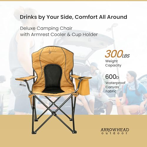 Arrowhead Outdoor Portable Folding Camping Quad Chair w/ 4-Can Cooler, Cup-Holder, Heavy-Duty Carrying Bag w/Easy Carry Shoulder Strap, Padded Armrests, Supports up to 330lbs, USA-Based Support - color: Tan
