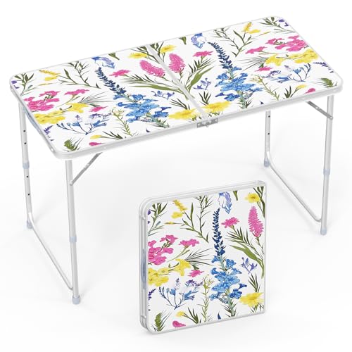 VINGLI 4FT White Folding Table with Carrying Handle Height Adjustable Lightweight Fold Up Portable for Indoor Outdoor Picnic,Camping,Hiking,Fishing,BBQ … - color: Flower, size: 4ft