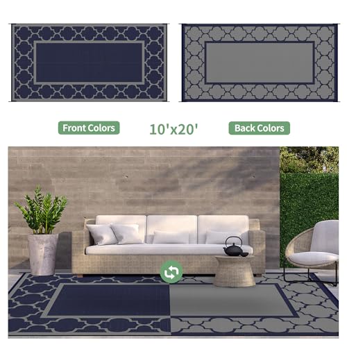 GENIMO 10 'x20 ' Outdoor Rug for Patio Clearance, Waterproof Indoor Outdoor Plastic Straw Rugs Carpet, Reversible Outside Area Rv Mat for Camping, Balcony Porch, Deck, Picnic, Beach (Blue & Grey) - color: Blue & Grey, size: 10' x 20' (Rectangular)