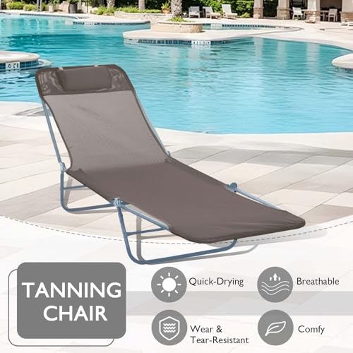 Majnesvon Folding Chaise Lounge Chair, Pool Sun Tanning Chair, Outdoor Lounge Chair with 5-Position Reclining Back, Breathable Mesh Seat, Headrest for Beach, Yard, Patio(Brown) - color: Brown