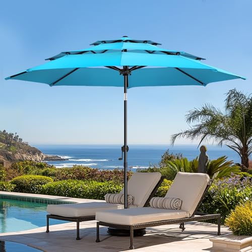 wikiwiki 9ft 3-Tier Patio Umbrella Outdoor Table Market Umbrella for Patio with Push Button Tilt/Crank, Fade Resistant Waterproof POLYESTER Canopy for Garden, Lawn, Deck, Backyard & Pool, Sky Blue - color: Sky Blue, size: 9 FT