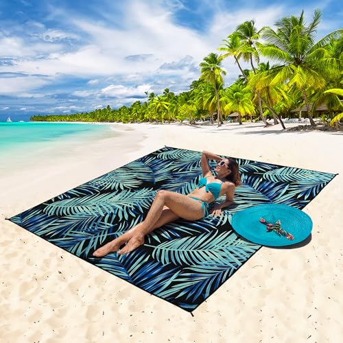 HIHOHO Beach Blanket Waterproof Sandproof Beach Mat 79”x 83” for 1-8 Adults Quick Drying Durable Outdoor Picnic Mat for Beach Festival Travel Camping Hiking (BK&GN-Palm, 79"×83"(4 Person)) - color: Bk&gn-palm, size: 6'11" x 6'7"