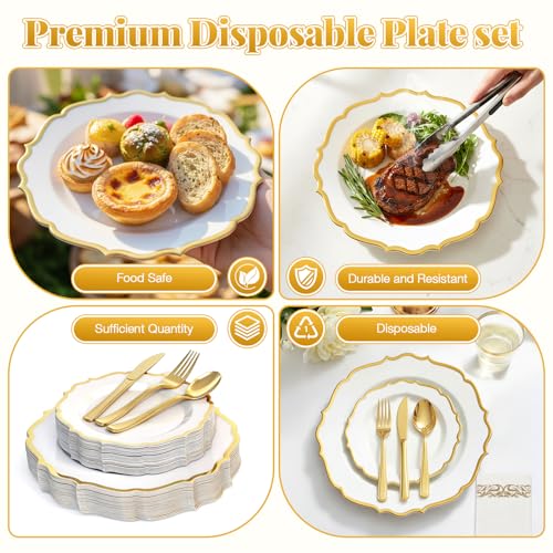 175 Plastic Dinnerware Set Gold Disposable Dinnerware Set for 25 Guests Include 50 Plastic Plates 25 Silverware Set 25 Cups and 25 Napkins for Mother's Day Party Wedding Birthday - color: Gold