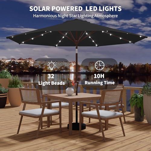 Kingdura 9FT Outdoor Patio Umbrella with Solar Lights, Market Table Umbrella with Push Button Tilt & Crank, 8 Sturdy Ribs, 32 LED Lights, UV Protection for Garden Lawn Deck Backyard Pool (Black) - color: Black-LED, size: 9 Ft