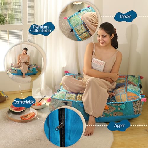 THE ART BOX 35" X 35" Large Boxed Shaped Premium Hypoallergenic Square Stuffer Best for Meditation Floor Pillow Cover, Mandala Ottoman Cushion, Dog Beds, Lounger, Pet Beds - color: Turquoise