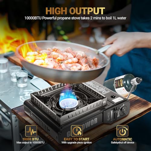 Propane or Butane Stove Dual Fuel Stove Portable Camping Stove, 10,000 BTU Butane Propane Stove with Carrying Case&Windblocker, Automatic Ignition for Emergency Preparedness Kit (Fuel Not Included) - color: Coal black