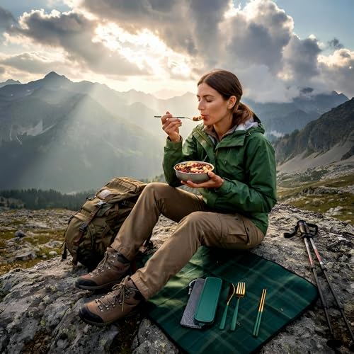 Portable Camping Utensil Set - 18/8 Stainless Steel Travel Silverware with Compact Case - Reusable Knife Fork Spoon Chopsticks Kit for Hiking, Picnic, Backpacking & Outdoor Eating (Gold Green) - color: Gold Green