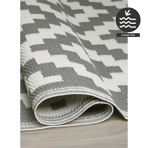 FH Home Outdoor Rug - Waterproof, Fade Resistant, Reversible - Premium Recycled Plastic - Geometric - Large Patio, Deck, Sunroom, Camping, RV - Aztec - Gray & White Crease Free - 6 x 9 ft - color: Aztec - Gray & White, size: 6' x 9' (Rectangular)