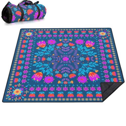 Picnic Blankets Waterproof Extra Large, 80"x 80" Outdoor Beach Blanket Sandproof Oversized Foldable Lightweight Portable 3-Layer Camping Mat for Parks,Hiking,Travel,Music Festival(Flowers) - color: Blue-purple, size: 6'8" x 6'8" (Square)