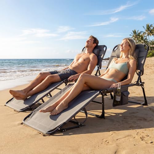 COSTWAY Tanning Chair with Face Hole, Folding Beach Lounge Chair with 4-Position Adjustable Backrest, Pillow & Side Pocket, Foldable Chaise Lounge Chair Outdoor for Sunbathing, Camping (1, Grey) - color: Grey