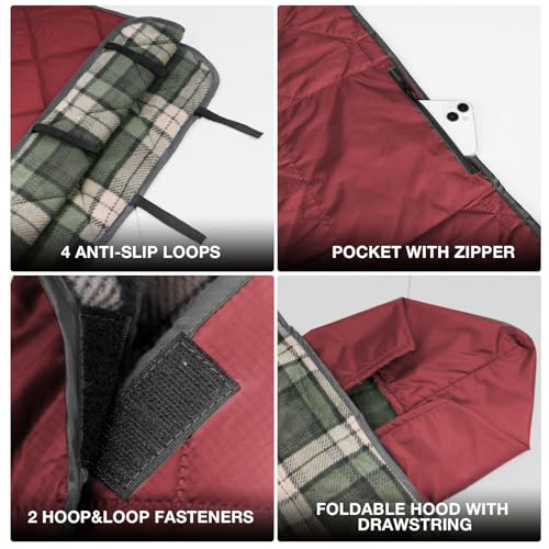 DUKUSEEK Waterproof Camping Blanket with Super Thick Fleece Lining, Large Outdoor Blanket Windproof with Foldable Hood for Camping Stadium Sporting Events,79"x 58" - color: Wine Red Outer With Blue Plaid Fleece