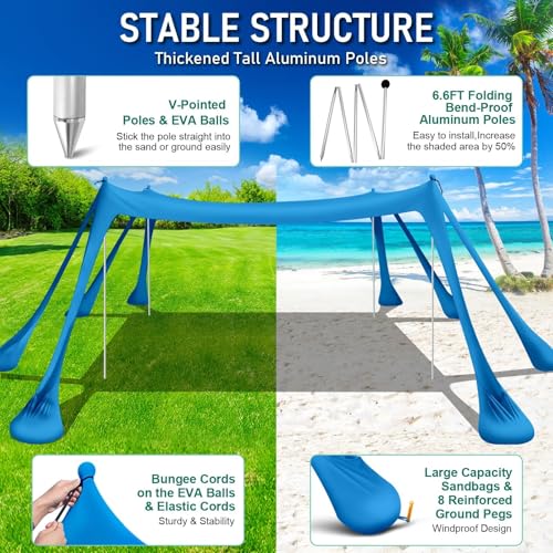 Beach Tent Sun Shelter Beach Canopy Tent Sun Shade Pop Up 10x10 UPF50+ with 8 Sandbags-2 Sand Shovel-Portable 4 Aluminum Poles-Ground Pegs-Easy Setup for Outdoor Family Camping Fishing Picnic - color: Royal Blue