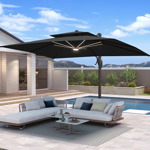 10 X 13 FT Cantilever Patio Umbrella with Led Lights Outdoor Rectangle Offset Large Double Top Heavy Duty Umbrellas with 360°Rotation for Pool Deck Backyard Garden, Black - color: Black, size: 10×13 Ft Without Base