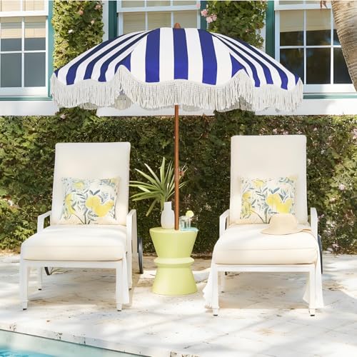 AMMSUN Boho Fringe Umbrella Outdoor Patio, 6.5ft UPF50+ Picnic Umbrella with Tassels with Steel Pole and Push Button Tilt, Navy Stripe - color: Navy Stripe