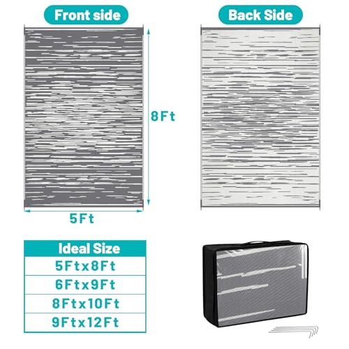 HEBE Outdoor Rug 5'x8' Waterproof, Reversible Plastic Straw Patio Rug Camping Mat, Indoor Outdoor Area Rug Carpet for Patios, Deck, Porch, RV, Camping, Picnic, Balcony - color: Stripe/Grey, size: 5' x 8' (Rectangular)