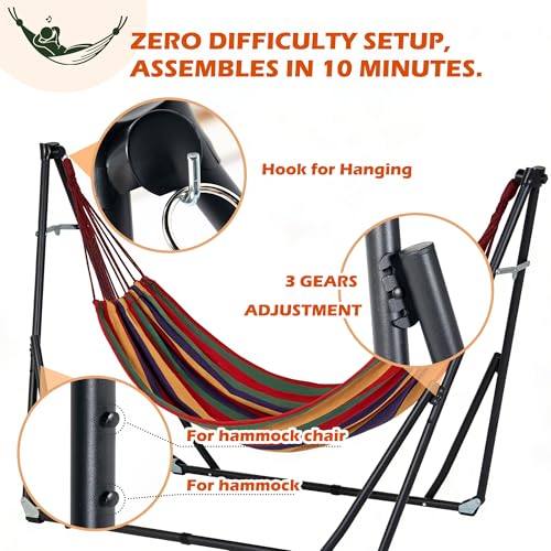 DlandHome Hammock with Stand, Heavy Duty Portable Hammock, 440 lbs Weight Capacity, Outdoor Hammock Chair with Carrying Bag & Adjustable Steel Stand for Patio, Garden, Beach, Backyard, Classic Red