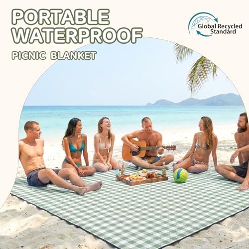 Genovega Waterproof Picnic Blanket Beach Outdoor Camping Mat Rug Extra Large Foldable Cute Big Travel Essential Accessories Gift Park Patio Lawn Garden Grass PlayMusic Festival Concert Must Have - color: Checkered Green, size: 6'8" x 6'8" (Square)