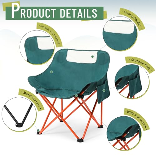 2 Pack Compact Camping Chairs Portable Folding for Outside with Carry Bag Lightweight Moon Chairs for Travel Picnic Hiking Beach Fishing, 600D Oxford, Supports 330lbs(Green) - color: Green
