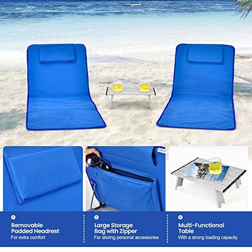 Giantex Beach Chairs for Adults 2 Pack Set with Side Table, Folding Lounge Chairs, 5 Position Adjustable Lawn Chair for Sunbathing, Patio Chaise Lounge Lightweight Backpack Camping Chairs (Navy) - color: Navy
