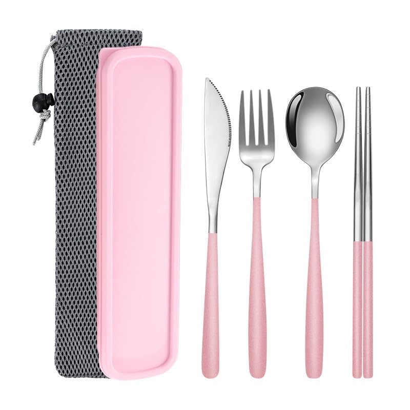 Portable Camping Utensil Set - 18/8 Stainless Steel Travel Silverware with Compact Case - Reusable Knife Fork Spoon Chopsticks Kit for Hiking, Picnic, Backpacking & Outdoor Eating (Silver Pink) - color: Silver/Pink