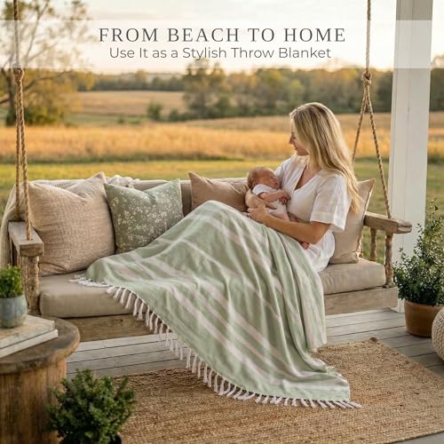 ZICOTO Beautiful Extra Large Beach Blanket with Tassels - Soft Oversized Turkish-Style Beach Towel for Relaxing Beach Days with the Whole Family - Lightweight Quick-Dry Picnic Blanket for Adults - color: Sage