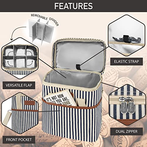 opux 6 Bottle Carrier Tote | Insulated Padded Wine Cooler Bag for Travel. Picnic, BYOB | Portable Leakproof Wine Tote Bag for Dinner, Party, Christmas, Wine Gift for Women, Men (Stripe Navy) - color: Stripe Navy, size: 6 Bottle