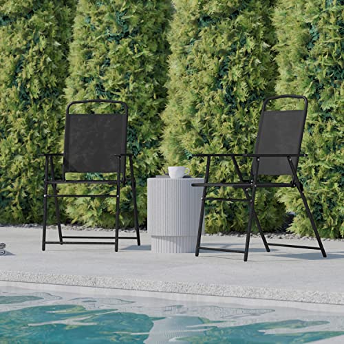 Flash Furniture Mystic Folding Patio Sling Chairs, Outdoor Textilene Lawn Chairs with Armrests, Set of 2, Black - color: Black