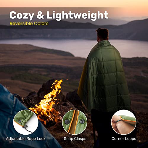 UNIKOME Waterproof Puffy Camping Blanket - Lightweight Packable Outdoor Quilt with Snaps & Corner Loops, Warm Compact Blanket for Cold Weather Hiking Picnic Stadium Travel, 75"×52", Army Green&Brown - color: 02 Army Green&brown