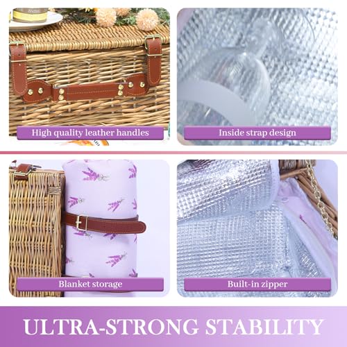 Neti Neti Wicker Picnic Basket for 4 with Insulated Cooler & Waterproof Blanket – Large Willow Picnic Hamper for Outdoor, Camping, Beach, Romantic Dates, Valentine’s Day - color: Purple Flowers