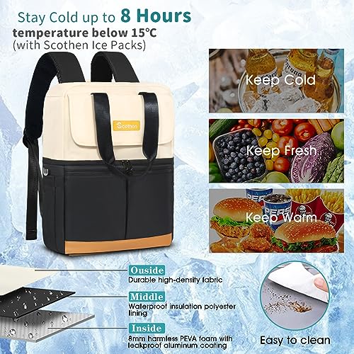 Scothen Backpack Cooler with Double Decker & 12 Ice Packs- Keeps 36 Cans Cold for Up to 24 Hours- Waterproof & Leak Proof Insulated Cooler Backpack- Stylish Cooler Bookbag for Women Travel Work Beach - color: Black