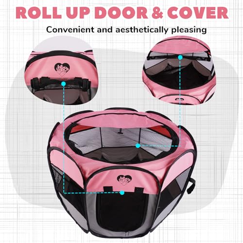Foldable Puppy Playpen Indoor & Outdoor,Portable Small Dog & Kitten Playpen with Breathable Mesh,Easy Setup Pet Pen with Zipper Door & Carry Bag,Pop Up Puppy Playpen,Pink M - size: M