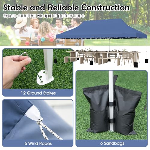 Tangkula 10x20 Ft Pop Up Canopy, Instant Setup Outdoor Tent with 6 Sand Bags, 12 Stakes & 6 Ropes, UPF 50+ Portable Canopy Tent with Carrying Bag for Camp, Beach, Patio (Blue) - color: Blue, size: 10x20 Ft