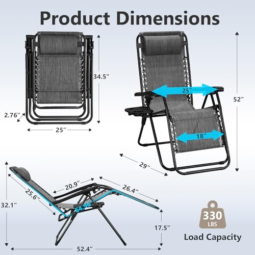 Zero Gravity Chairs Set of 2, Adjustable Lounge Chair Outdoor Recliner, Folding Reclining Lawn Chair, Anti Gravity Chair with Pillow & Cup Holder for Pool Camping Sunbathing Beach Patio (Gray) - color: Grey, size: 2pcs