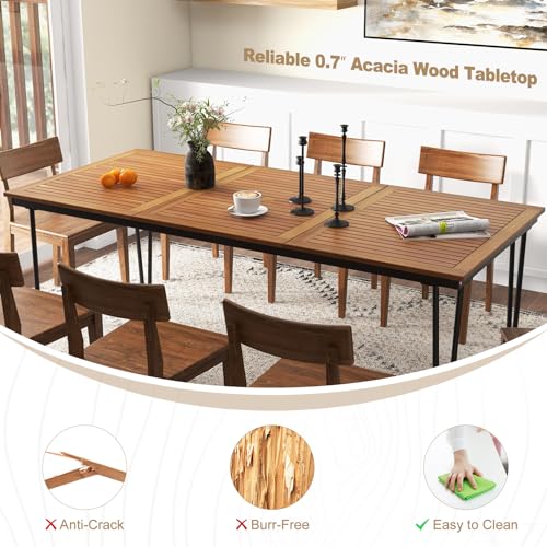 Tangkula 79 Inch Outdoor Dining Table for 8, Acacia Wood 8-Person Patio Table with 1.9 Inch Umbrella Hole, Metal Legs & Adjustable Foot Pads, Rectangular Outside Table for Garden, Poolside & Backyard - size: 79"