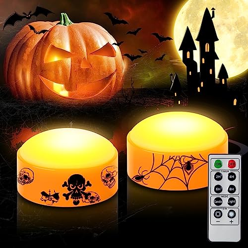 2 PCS Halloween LED Pumpkin Lights with Timer and Remote, Battery Operated Jack-O-Lantern Orange Light for Halloween Decor, Flameless Candles for Pumpkin Decoration - color: Orange Pumpkin Lights - 2 Pack