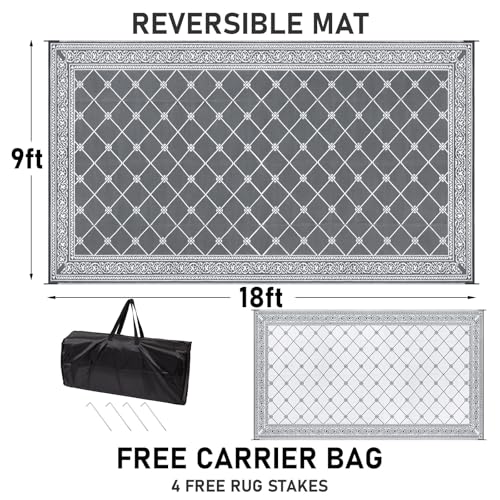 Outdoor Rug 9'x18' for Patios Clearance, Reversible Outdoor Plastic Straw Waterproof Camping Carpet, Large Area Rugs Patio Mats for Outside RV, Camper, Deck, Porch, Beach, Picnic, Grey&White - color: Classic Grey, size: 9' x 18' (Rectangular)