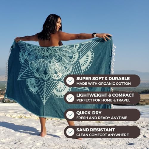 FESHKA Sand Proof Turkish Beach Towel – Oversized, Quick Dry & Lightweight Travel Towel - 100% Organic Cotton Beach Blanket - Perfect for Bath, Pool & Picnic | Frozen (Teal) - color: 01 - Teal