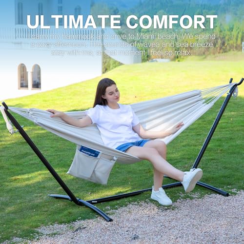 PNAEUT Double Hammocks with Stand for Outside, Portable Space Saving Heavy-Duty Steel Stand for Indoor Outdoor Patio with Carrying Bag, 450 lbs Capacity (Beige) - color: Beige