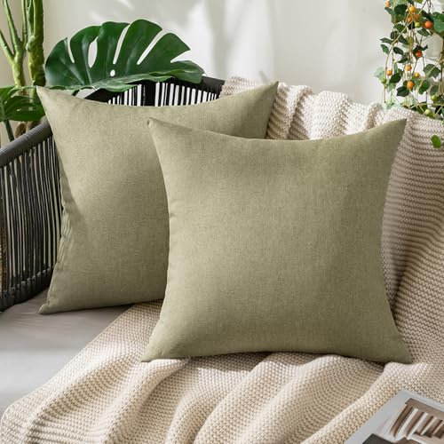 MIULEE Pack of 2 Decorative Outdoor Solid Waterproof Throw Pillow Covers Spring Faux Linen Garden Farmhouse Cushion Cases for Patio Tent Balcony Couch Sofa 16x16 Inch Light Olive Green - color: Light Olive Green, size: 16" x 16" (Pack of 2)