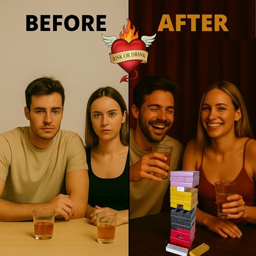 Risk or Drink - Naughty Wooden Block Tower Game for Couples, Freak or Drink 54 Challenges + Blindfold & Dice, Date Night Dares, Do or Drink, Valentine's Day