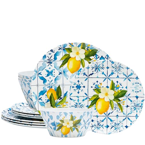 Bzyoo 12-Piece Melamine Dinnerware Set - Lemon Tiles | Lightweight, Durable, BPA-Free | Dishwasher Safe Dish Set for Indoor & Outdoor Use - Perfect for Camping, BBQs - color: Lemon Tile