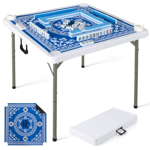 Goplus Mahjong Table, 35" Square Folding Card Table w/4Cup Holders, Anti Slip Mat, HDPE Tabletop, Metal Legs, Portable Mahjong Game Table for Domino Game, Picnic (Ocean Blue, Table w/Removable Mat) - style: Ocean Blue, Table w/Removable Mat
