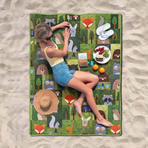 Supfitness Extra Large Picnic Blankets Waterproof Foldable (60"x 80") Boho Beach Blanket Waterproof Sandproof,3-Layer Thicking Mat Outdoor Packable Camping Blanket - color: Green-animal, size: 5' x 6'8" (Rectangular)