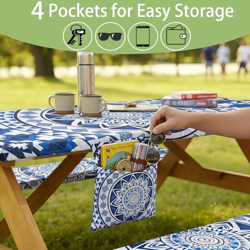 Fitted Waterproof Picnic Table Cover with Bench Covers Elastic 72×30Inch Weather Proof Non Slip Camping Table Clothes for 6Feet Rectangle Tables Campers Summer Fall Travel Hiking Tools Gifts - color: Blue Bohemian, size: 72" x 30" (Rectangular)