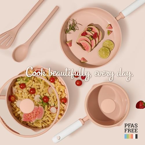 CAROTE Ceramic Cookware Set Nonstick, 9pcs Pots and Pans Set Non stick, Non-Toxic & PFAS-Free,Dishwasher, RV/Camping Cookware Set,Sauce Pan with Lid, Pink - color: Pink, size: Saucepan