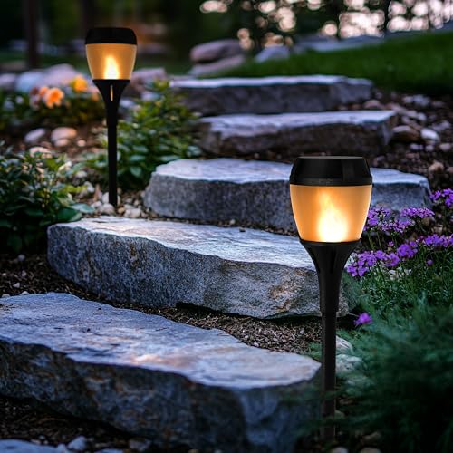 FoxFlame Solar Path Lights Outdoor Waterproof-Realistic Flickering LED Flame,IP65 Pathway Lights Solar Powered Warm Light for Garden and Walkways,Ground Stake Included for Easy Setup(2 Pack) - style: Elegant Path Torch